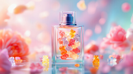 A perfume bottle with colorful gummy bears, surrounded by pink flowers and soft bokeh lights. Concept of sweet fragrance, fantasy aroma, creative cosmetics, and unique perfume design