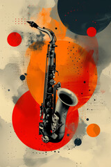 Retro jazz event poster featuring an abstract saxophone design emphasizing vibrant colors and artistic elements