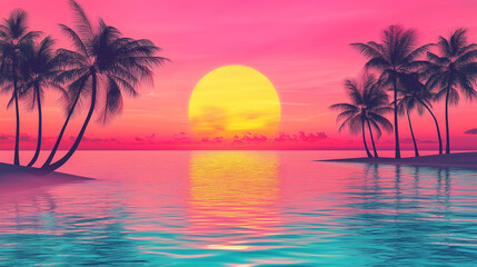 Obraz premium Vibrant Retro Sunset Over Tropical Beach with Palm Trees – Aesthetic Vaporwave and Synthwave Paradise Landscape, Dreamy Neon Pink and Yellow Sky Reflection in Ocean Water for Music Covers, Posters, Wa