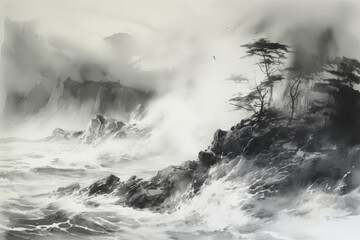 Vivid depiction of a turbulent winter tornado and its impact on a rocky coastline in an abstract art form