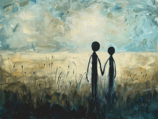 Lonely stick man and wife hold hands against a tranquil landscape at sunset
