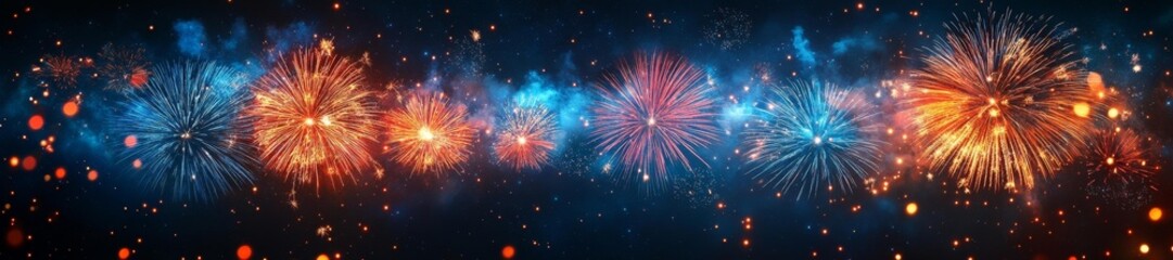 Naklejka premium Spectacular Fireworks in Red Blue and Orange Filling the Night Sky. Generative AI