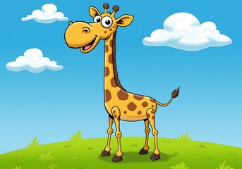 Fototapeta premium Joyful Giraffe in a Sunny Meadow: A Cheerful Cartoon Illustration