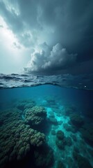 Obraz premium Stormy Ocean Landscape: Underwater Reef Scene with Dark Clouds and Churning Waves