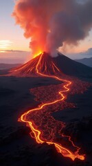 Epic Icelandic Volcano Sunset Landscape: Molten Lava Flows Down Slope, Crimson Glow on Black Terrain, Billowing Smoke and Ash, Raw Elemental Power.