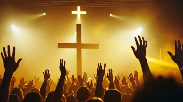 Worshipful Hands Raised to Cross on Stage