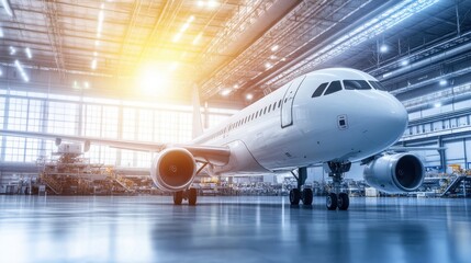 Fototapeta premium Aircraft in Hangar with Bright Lights and Large Windows Above
