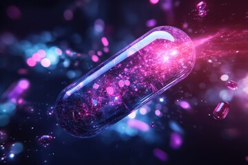 Futuristic pill with glowing particles emanating from it, surrounded by abstract shapes representing healing energy, modern and innovative, emphasizing advanced medicine