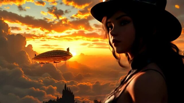 Woman in steampunk attire with a blimp flying in the sunset. Romantic, vintage, technology. Travel to alternative universe. The confrontation of progress and time. Rendered in 4k, 60fps. Point of view
