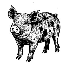 Fototapeta premium Engraved illustration of a cheerful pig standing on its hooves in a rustic setting showcasing detailed features and charm