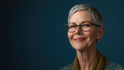 Fototapeta premium Cheerful older woman with short gray hair and glasses smiling warmly against a teal background