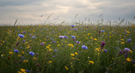 Scenic Summer Wildflower Meadow with Purple and Yellow Blooms Under Cloudy Sky