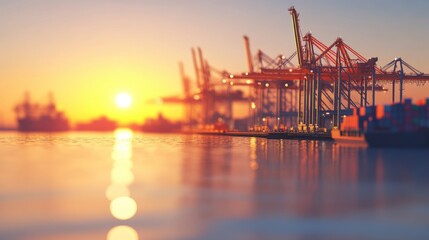 Obraz premium Beautiful Sunset Over Port with Cranes and Cargo Ships in View
