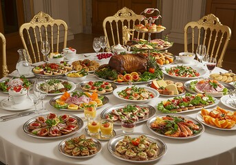 Fototapeta premium Lavish Festive Feast: A Sumptuous Buffet of Elegant Cuisine