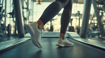 Woman's legs running on treadmill in gym