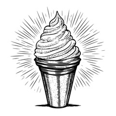 Engraved vintage illustration of a soft serve ice cream cone with decorative burst design