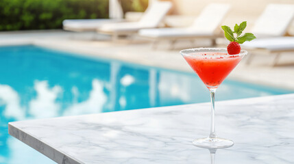 sophisticated dragonfruit daiquiri with condensation beads and floating mint sprig on marble poolside table