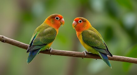 Fototapeta premium Lovebirds on Branch: Vibrant Colors, Serene Nature Photography