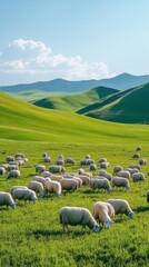 Obraz premium A herd of sheep grazes in a lush green meadow under a bright blue sky. The rolling hills create a serene backdrop, showcasing the beauty of nature in the countryside