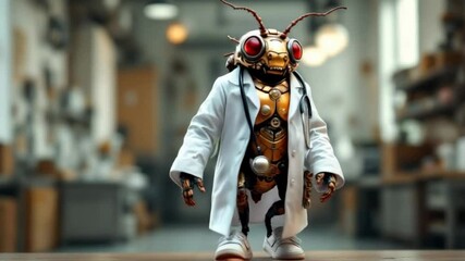 An anthropomorphic insect doctor in a lab coat and sneakers. Bizarre advertising for a medical clinic, children's hospital. Workshop background, full shot. 4k 60 fps.