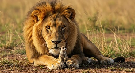 Majestic African Lion and Meerkat: A Serene Wildlife Portrait
