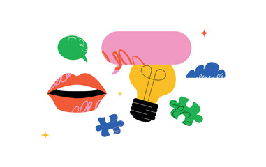 A playful illustration with lips, a light bulb, speech bubbles and puzzle pieces. A bold composition for the design of presentations, social media posts and infographics.