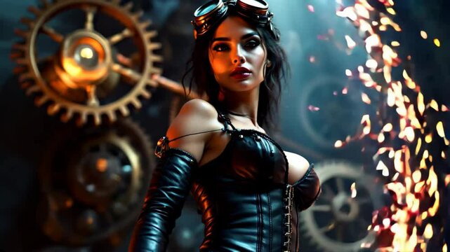 Attractive woman, steampunk style, with sparks and gears in the background. Character concept for a movie or video game. Close-up. 4k, 60 fps.