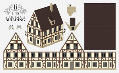 Fototapeta premium Old building model in classic German style with tiled roof. Vector mockup kits for paper Cute vintage christmas toy house