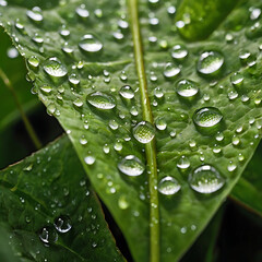 Close-up of dewdrops on fresh green leaves, capturing the delicate beauty of nature in the early morning light.

