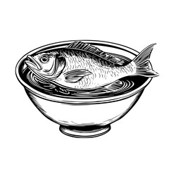 Engraved illustration of a fish in a bowl, showcasing intricate details and capturing culinary essence