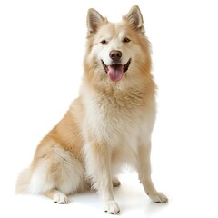 Happy Dog with Fluffy Coat Sitting Gracefully on White Background
