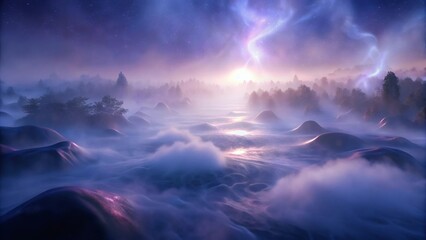 Ethereal Sunrise over Foggy Landscape