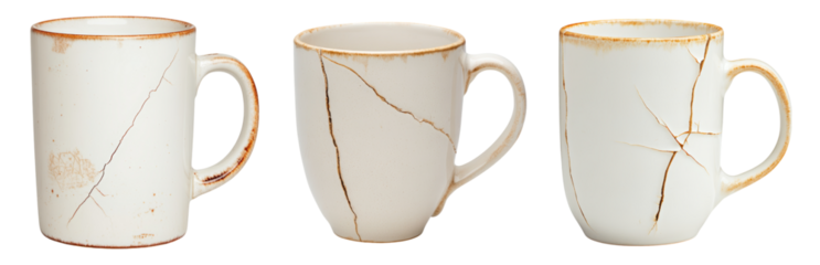 Vintage Ceramic Beakers with Unique Cracks and Marks Isolated on transparent background