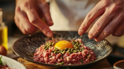 Steak tartare preparation: a chef carefully places a raw egg yolk on top of the finely minced beef, capers, and seasonings.