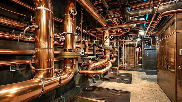 Close-up of a large copper piping system with valves and intricate connections in an industrial factory environment.