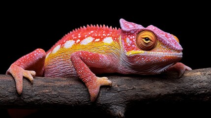 Fototapeta premium Colorful chameleon perched on branch, studio shot, black background