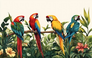 Obraz premium Four vibrant macaws perched on a branch amidst lush tropical foliage. (2)