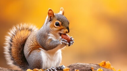 Obraz premium Gray Squirrel Eating Nut in Autumnal Forest