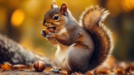 Autumnal Squirrel Eating Acorn in Forest