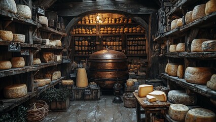 Fototapeta premium a rustic and atmospheric depiction of a traditional cheesemaking workshop, where wooden shelves are lined with massive wheels of aging cheese, their rough, golden rinds bearing faint traces of wax. at