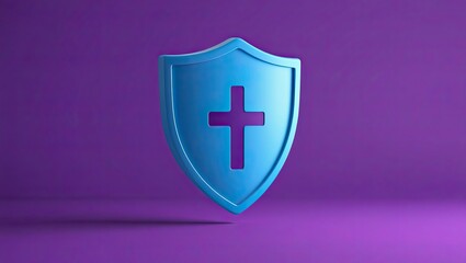 Obraz premium A 3D shield featuring a cross icon on a purple background that is isolated. defense against illness. medical concept for healthcare security insurance. 3D Blue shield icon for minimal insurance. 3d re