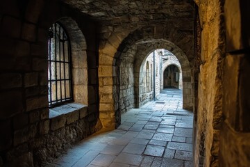 Obraz premium Narrow stone corridor with arched ceilings in ancient building