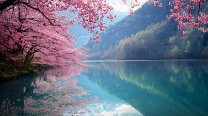 Cherry blossoms reflecting in a calm mountain lake, creating a dreamy springtime view