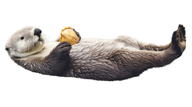 Adorable sea otter floating on its back, holding a seashell, isolated on white background, PNG format 