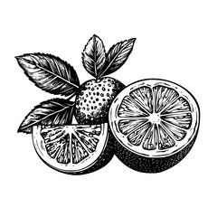 Engraved illustration of sliced citrus fruits featuring fresh leaves and whole fruit in a detailed vector format
