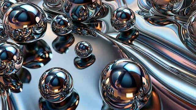 Close-up of reflective metallic spheres scattered across an abstract surface, creating a futuristic and shiny visual effect.