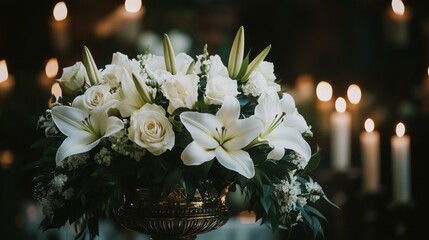 White floral arrangement in antique bowl, church setting, candles in background