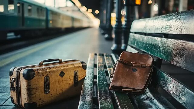 Vintage luggage and a leather bag resting on a green bench at a quiet train station platform