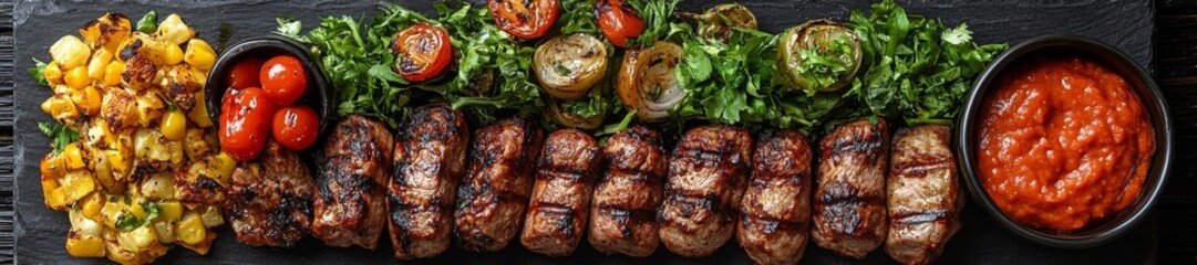 BBQ Skewers with Grilled Veggies Tomato and Sauce. Generative AI