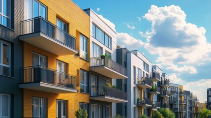Obraz premium Modern Residential Apartments Sunny Day - New apartments, bright windows, balconies, modern architecture, urban living. Symbolizing: progress, community, comfort, , investment
